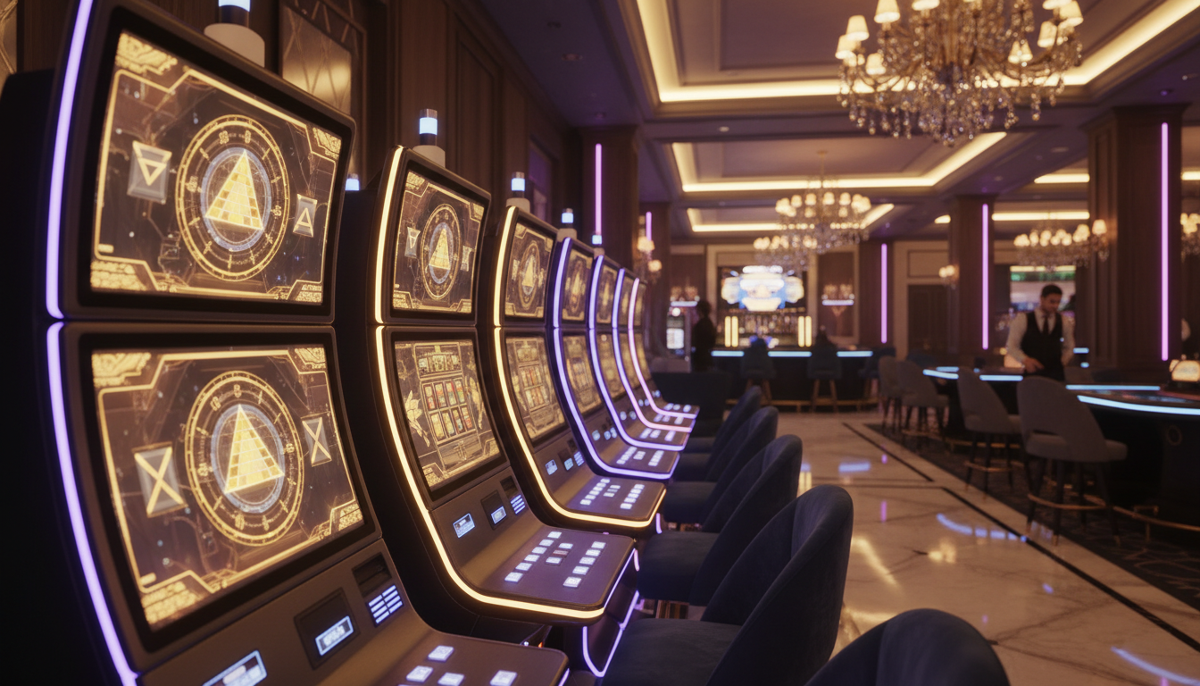 Premium online casino slot machines glowing in a modern gaming lounge